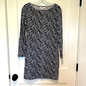 Long sleeve, cotton navy and white whale dress.